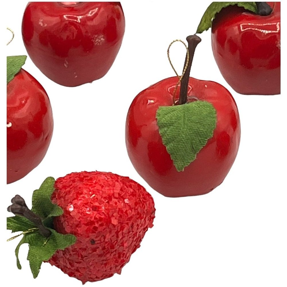 12 Christmas Ornaments Shiny Apples & Pears Glitter Strawberries Green Leaf - Picture 5 of 11